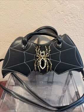 Black Bat Wing Spider Embellished Women's Handbag